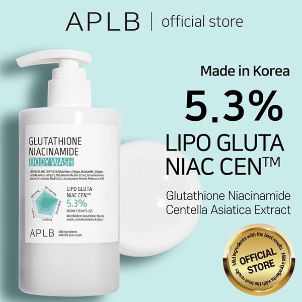 APLB Glutathione Niacinamide Body Wash sastāvdaļas — glutations un niacinamīds