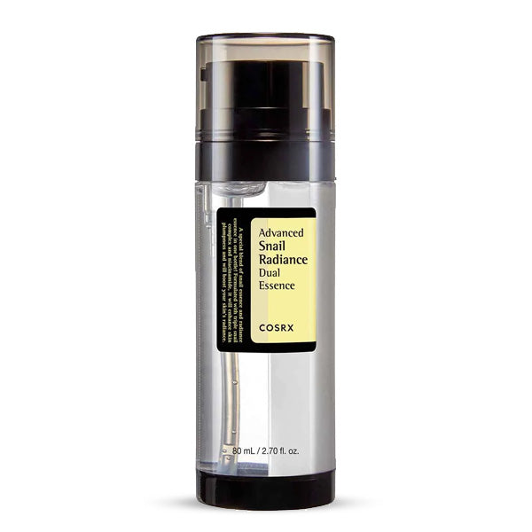 COSRX Advanced Snail Radiance Dual Essence – Korejas kosmētika, divfāzu serums ar sniegu sekojošo tekstūru, kas uzlabo ādas mirdzumu un veicina tās atjaunošanos.