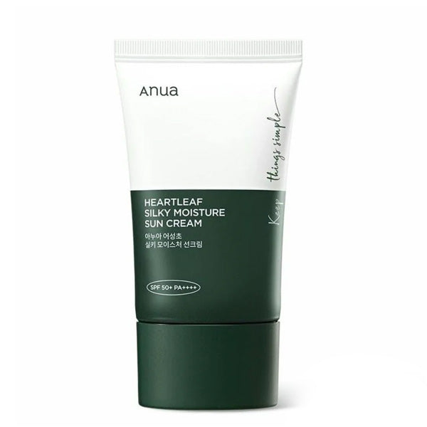 ANUA Heartleaf Silky Moisture Sun Cream SPF50+ – Korejas kosmētika, saules aizsargkrēms ar Heartleaf ekstraktu un SPF50+, kas aizsargā ādu no saules un nodrošina mitrināšanu.