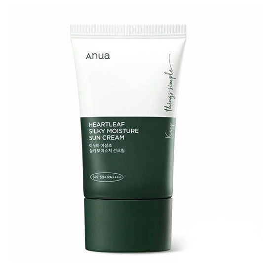 ANUA Heartleaf Silky Moisture Sun Cream SPF50+ – Korejas kosmētika, saules aizsargkrēms ar Heartleaf ekstraktu un SPF50+, kas aizsargā ādu no saules un nodrošina mitrināšanu.