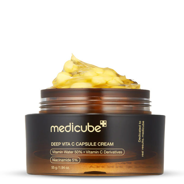 MEDICUBE Deep Vita C Capsule Cream – Korejas kosmētika, kapsulu krēms ar C vitamīnu, kas izgaismo ādu, uzlabo tās toni un samazina pigmentācijas plankumus.