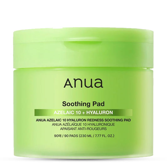Anua Azelaic 10 Hyaluron Redness Soothing Pad iepakojums uz balta fona – korejiešu kosmētika koore.lv