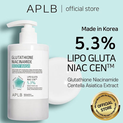 APLB Glutathione Niacinamide Body Wash sastāvdaļas — glutations un niacinamīds