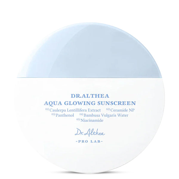 Dr. Althea Aqua Glowing Sunscreen SPF50+ 45ml elegants un parocīgs iepakojums ikdienas lietošanai