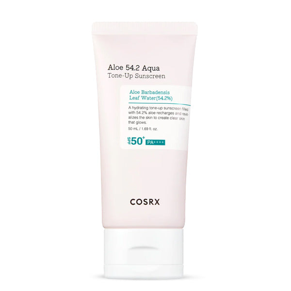 COSRX Aloe 54.2 Aqua Tone-Up Sunscreen SPF 50+ PA++++ – Korejas saules aizsargkrēms ar alveju un tonējošu efektu, piemērots visiem ādas tipiem.