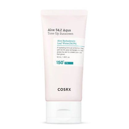 COSRX Aloe 54.2 Aqua Tone-Up Sunscreen SPF 50+ PA++++ – Korejas saules aizsargkrēms ar alveju un tonējošu efektu, piemērots visiem ādas tipiem.