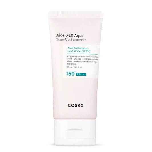 COSRX Aloe 54.2 Aqua Tone-Up Sunscreen SPF 50+ PA++++ – Korejas saules aizsargkrēms ar alveju un tonējošu efektu, piemērots visiem ādas tipiem.