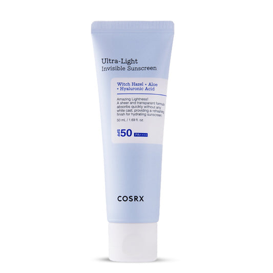 COSRX Ultra-Light Invisible Sunscreen SPF50+ PA++++ – viegls, neredzams saules aizsargkrēms ar niacinamīdu un alveju, piemērots visiem ādas tipiem.