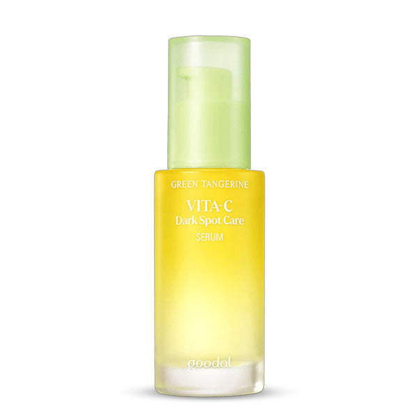 GOODAL Green Tangerine Vita C Dark Spot Care Serum – Korejas kosmētika, serums ar zaļo mandarīnu un C vitamīnu, kas palīdz mazināt tumšos plankumus un uzlabo ādas toni.
