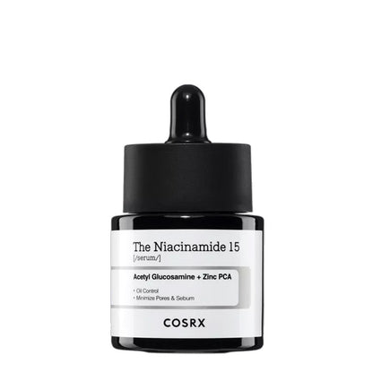 COSRX The Niacinamide 15 Serum – Korejas kosmētika, serums ar 15% niacinamīdu, kas uzlabo ādas toni, samazina pigmentāciju un izlīdzina ādas struktūru.