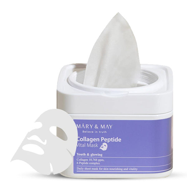 Mary&May Collagen Peptide Vital Mask – 30 sejas maskas ar kolagēnu un peptīdiem, mitrinoša un nostiprinoša korejiešu kosmētika no Koore.lv