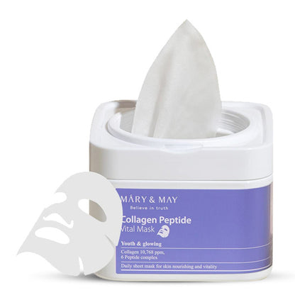 Mary&May Collagen Peptide Vital Mask – 30 sejas maskas ar kolagēnu un peptīdiem, mitrinoša un nostiprinoša korejiešu kosmētika no Koore.lv