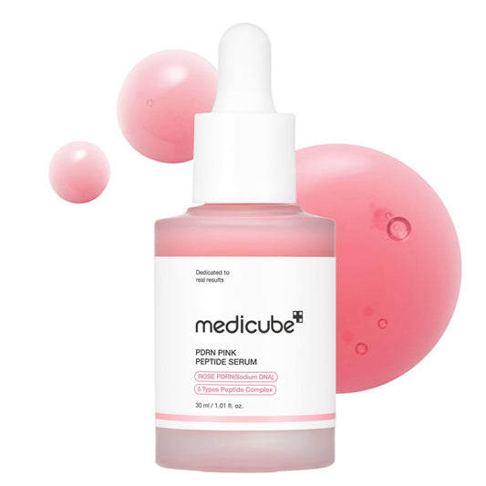Medicube PDRN Pink Peptide Serum flakons – liftinga serums ar PDRN un peptīdiem