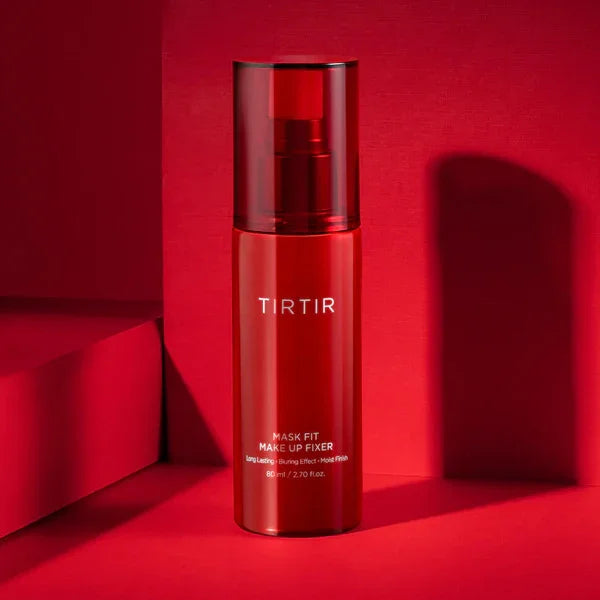 TIRTIR Mask Fit Make Up Fixer red spray bottle on red background, Korean makeup setting spray