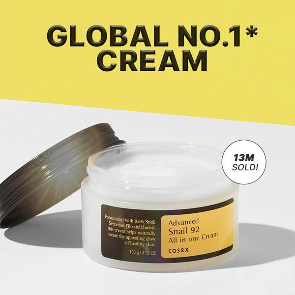 Open jar of Advanced Snail 92 All in One Cream with yellow label and text highlighting 13 million sold.
