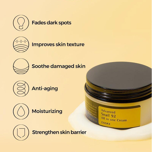 COSRX Advanced Snail 92 All in One Cream jar with key skincare benefits listed beside it