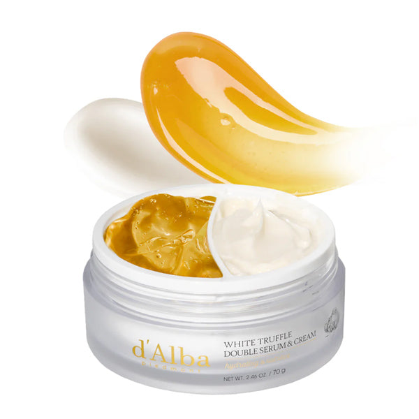 d'Alba White Truffle Double Serum & Cream – luksusa Korejas serums un krēms ar balto trifeļu un niacinamīda sastāvdaļām ādas izgaismošanai un mitrināšanai.