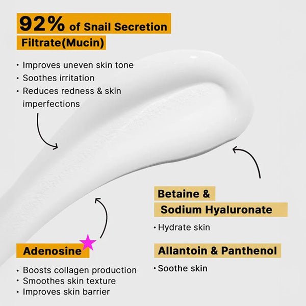 Cream texture with highlighted ingredients: snail mucin, adenosine, beta glucan, panthenol, and benefits for skin.