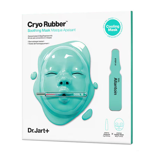 Dr.Jart+ Cryo Rubber Soothing Mask iepakojums ar ampulu – Korejas sejas maska ar krioterapijas efektu jutīgai un apsārtušai ādai.