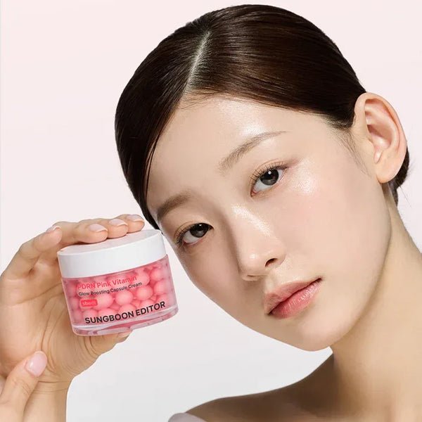 Sungboon Editor PDRN Pink Vitamin krēma gēla un vitamīnu kapsulu tekstūra