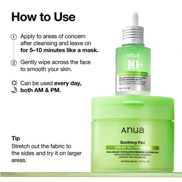 Nomierinoši vates diski ar azelīnskābi | Anua Azelaic Acid 10 Hyaluron Redness Soothing Pad - KOORE