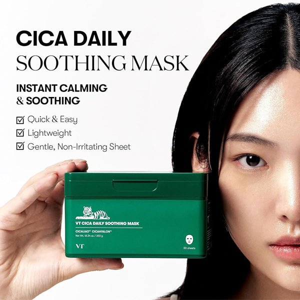 Nomierinošu auduma sejas masku komplekts ar Centellu 30 gab. | Vt Cosmetics Cica Daily Soothing Mask - KOORE