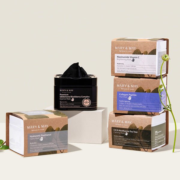 Sejas masku komplekts ar Idebenonu un antioksidantiem 20 gab. | Mary&May Premium Idebenone Blackberry Complex Essence Mask - KOORE